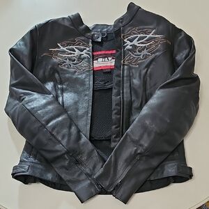 BILT Women's Black Leather Jacket with Embroidered Detail